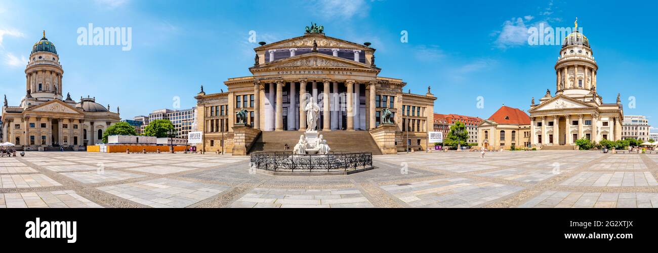 Panoramic view over the Gendarmenmarkt in Berlin with Concert Hall and French and German Cathedrals in historical and business downtown, Berlin, Germa Stock Photo