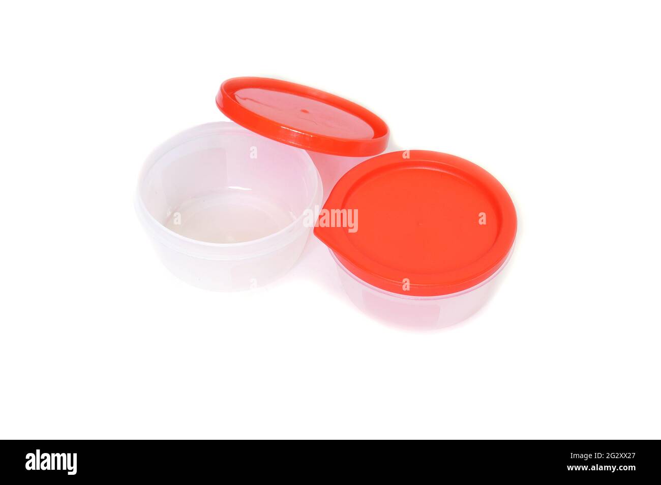 Round Plastic containers in a white background Stock Photo