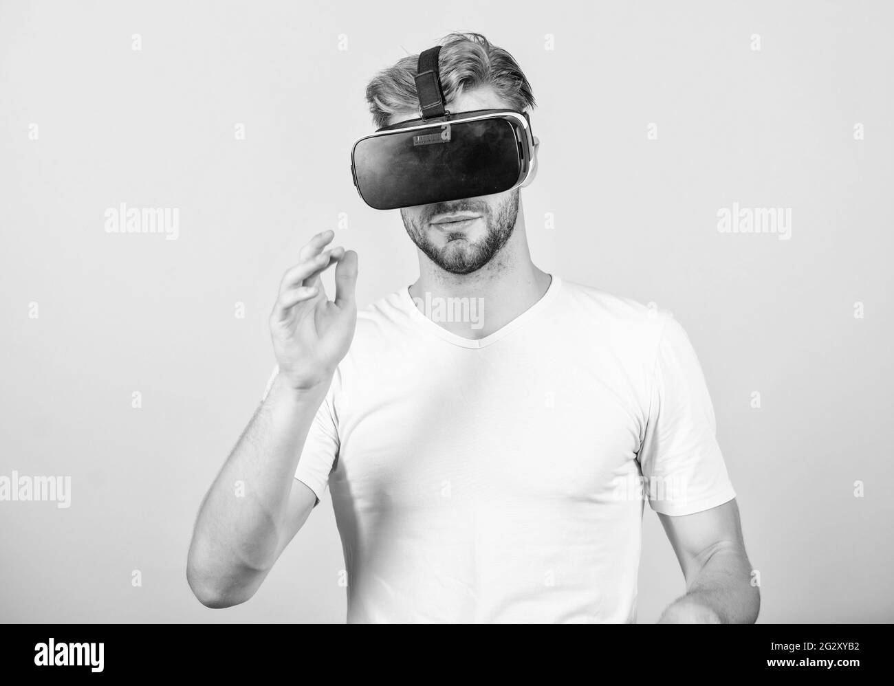 Virtual work. virtual reality goggles. Modern business and education. man wear wireless VR