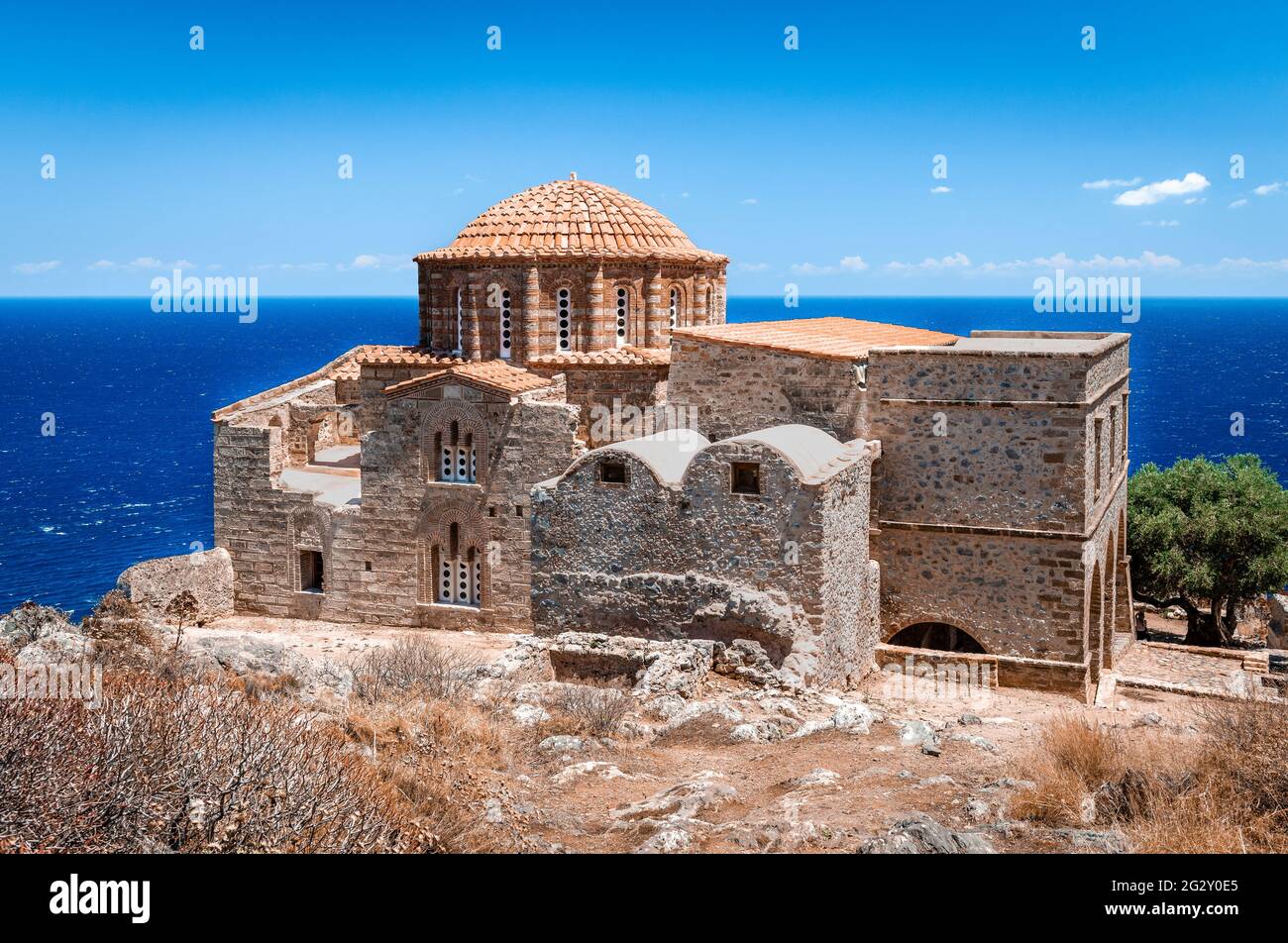 The Church of Hagia Sofia, on the highest point of Monemvasia, Greece with great view to the Aegean Sea. Stock Photo