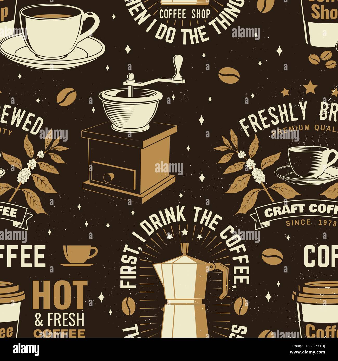 Set of Coffe shop seamless pattern or background. Vector Seamless scene  with paper coffee cup, branch of coffee tree, grinder silhouette. Coffee  shop Stock Vector Image & Art - Alamy