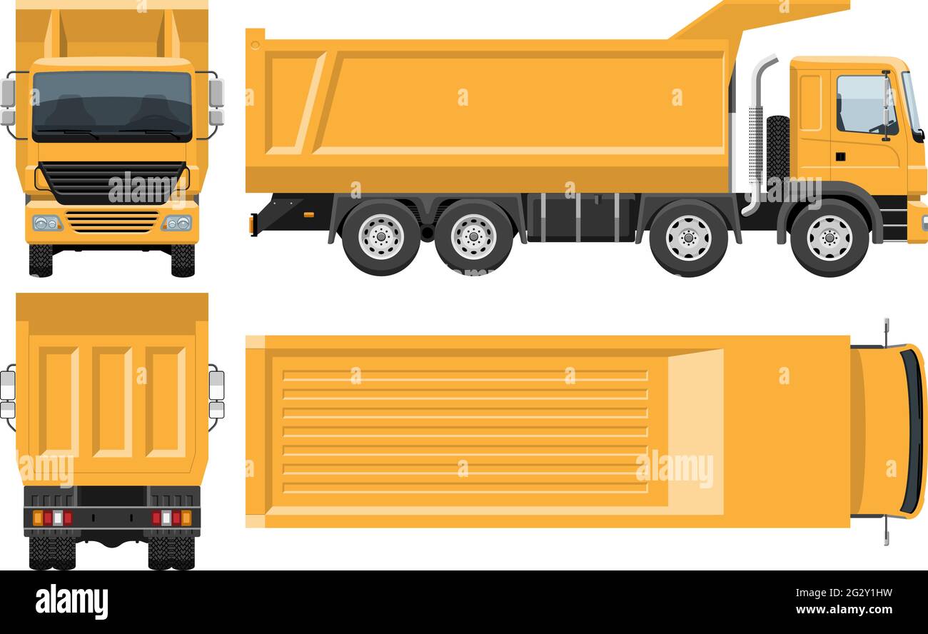 Dump truck vector template with simple colors without gradients and effects. View from side, front, back and top Stock Vector