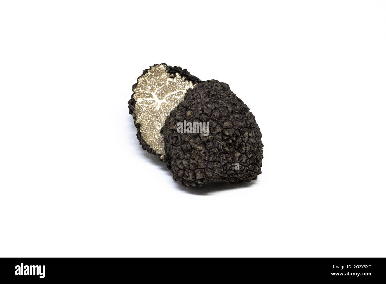 black truffle, tuber aestivum, cut, slice, open, photographed on a white background Stock Photo