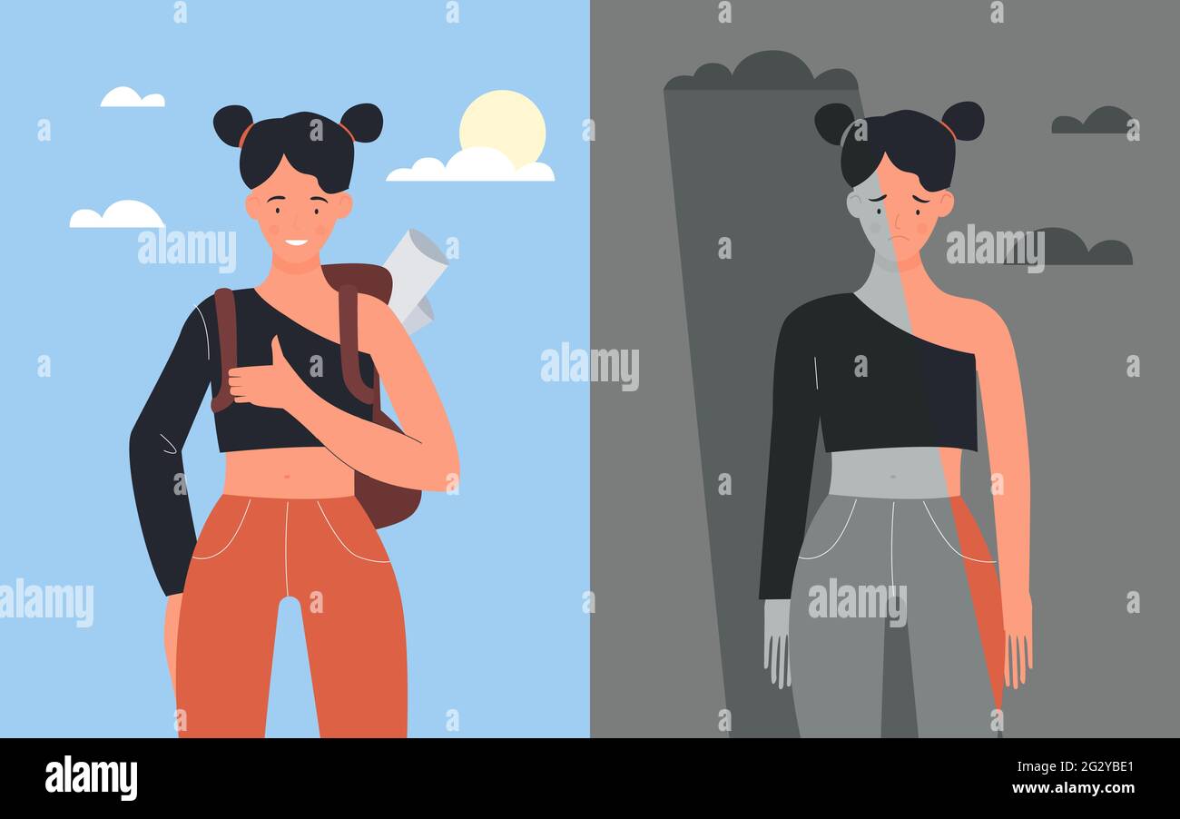 Good and bad mood of girl student vector illustration. Cartoon happy ...