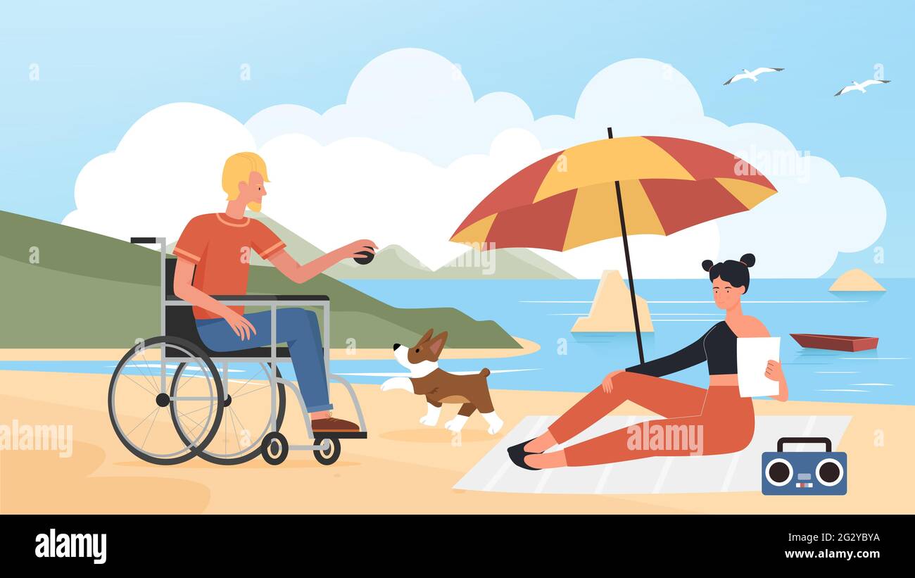People couple with pet dog in summer beach vacation vector illustration. Cartoon young disabled man character in wheelchair training doggy animal friend, woman sitting under beach umbrella background Stock Vector