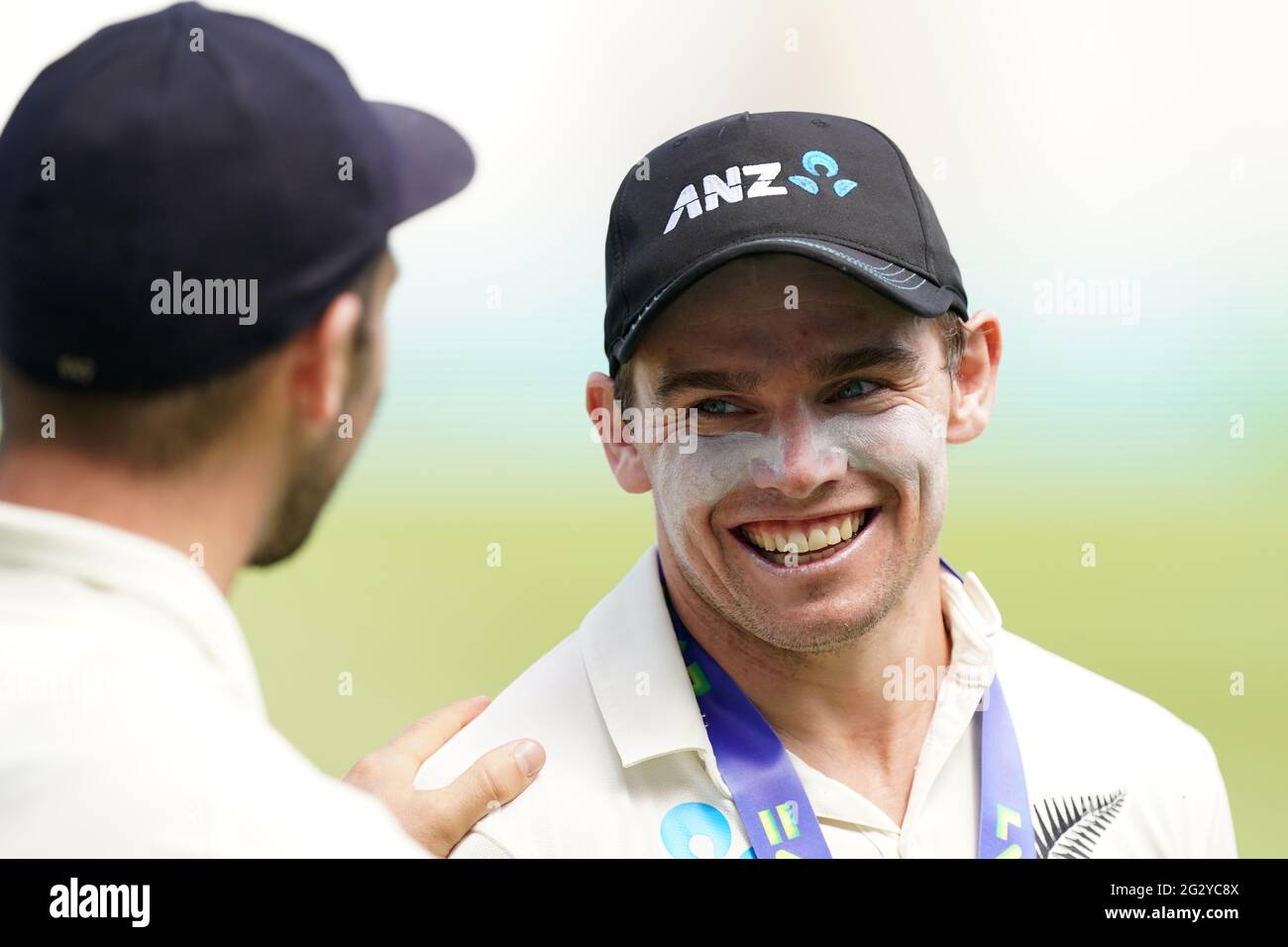 New Zealand captain Tom Latham (right) chats with England's Mark Wood after day four of the Second LV= Insurance Test match at Edgbaston, Birmingham. Picture date: Sunday June 13, 2021. Stock Photo