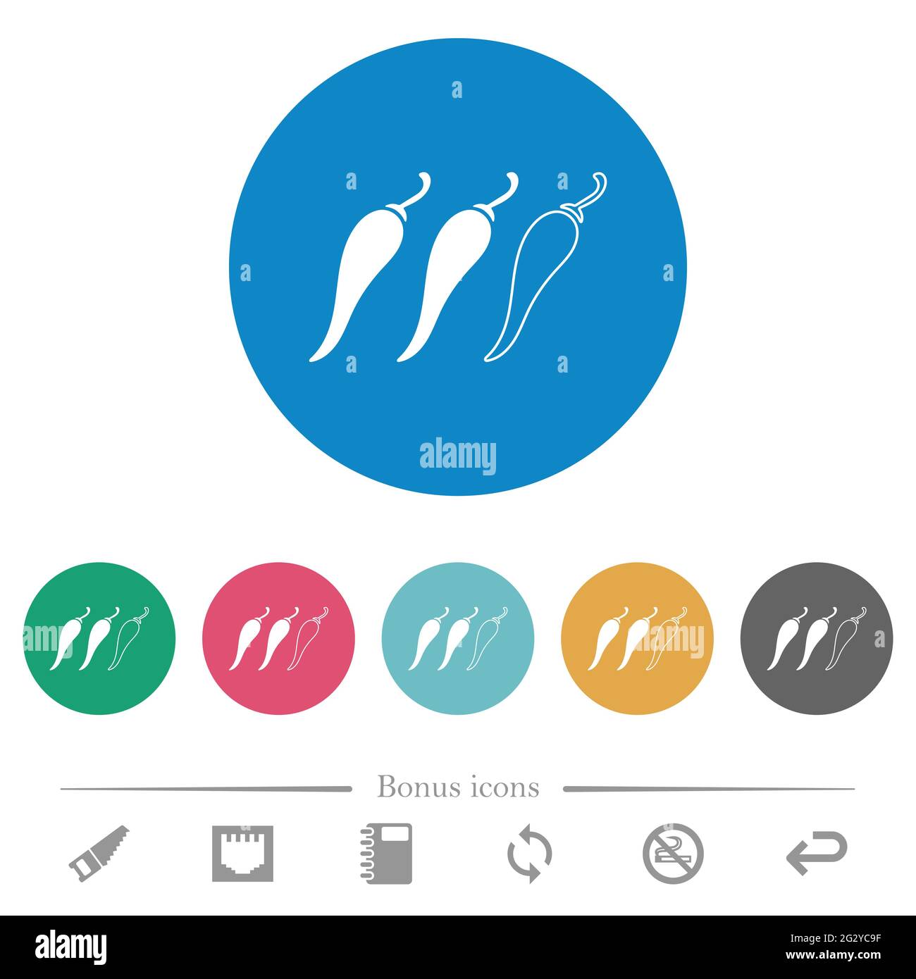 Spicy chili pepper level flat white icons on round color backgrounds. 6 ...