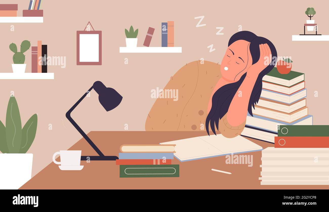 Tired girl, exhausted of study vector illustration. Cartoon young woman  sleeping next to books, sleepy girl student character sitting at table,  studying hard before exam at home interior background Stock Vector Image