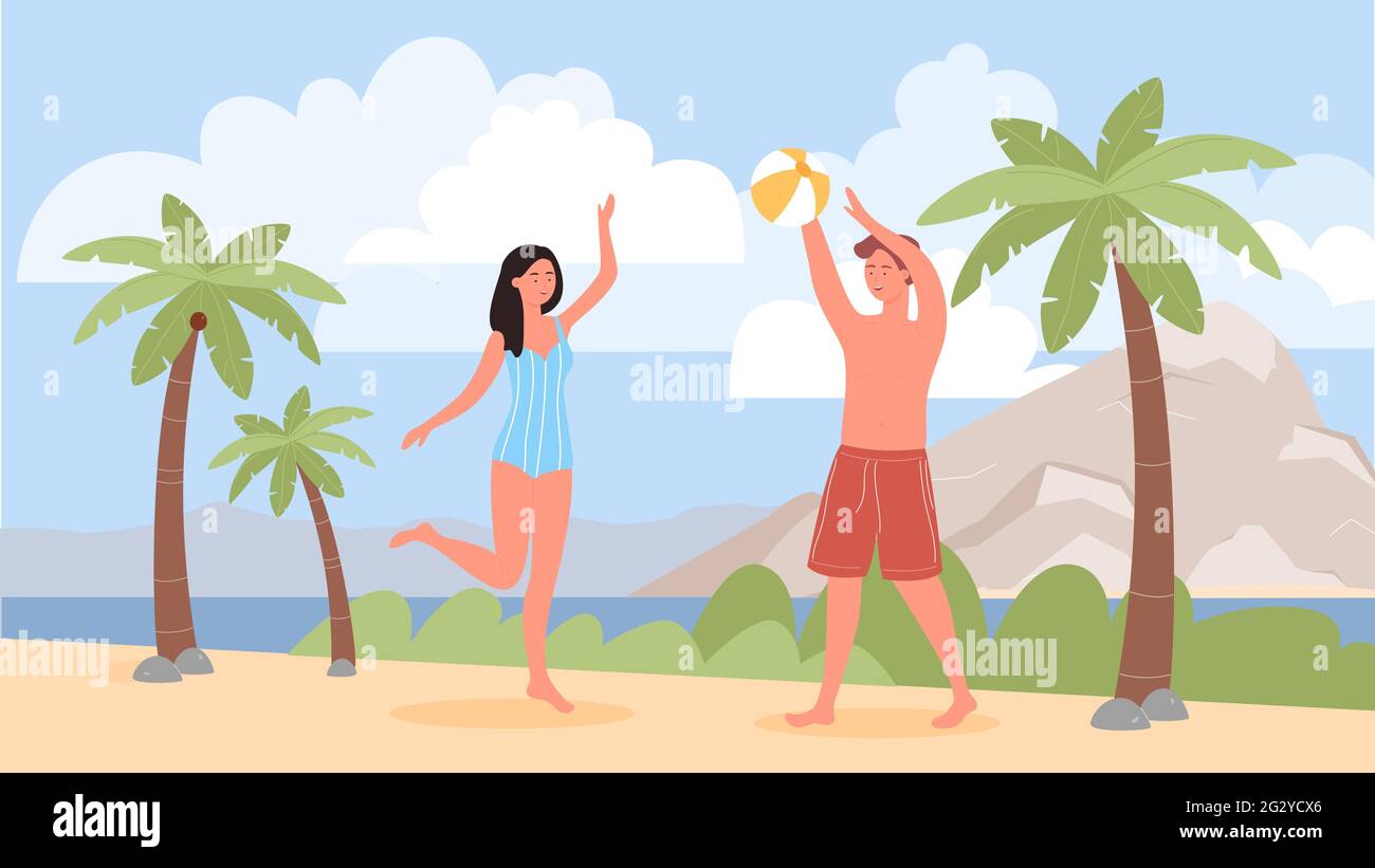 People couple play beach volleyball, summer vacation in tropical resort seashore vector illustration. Cartoon woman man player characters in beachwear playing ball in sea beach landscape background Stock Vector