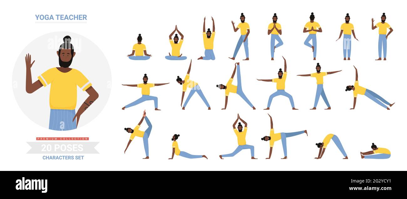African american black yoga teacher poses vector illustration set. Cartoon yogist man doing yogi asana exercise, meditating, sitting lotus posture, infographic relaxation activity routine isolated Stock Vector
