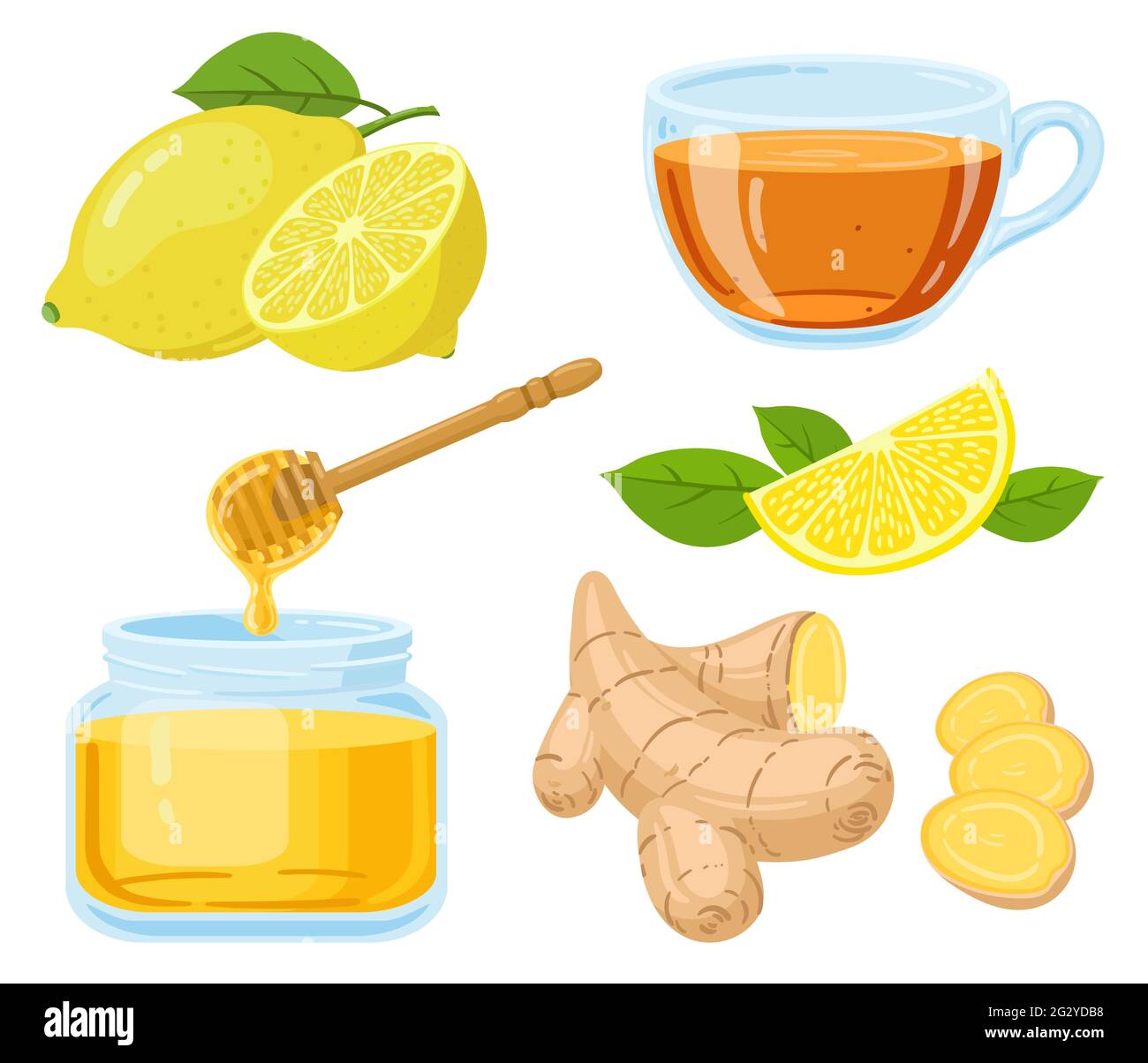 Natural cough remedies. Honey, vitamin c lemon, hot tea and chopped ginger root cartoon vector illustration set. Natural medicine remedies Stock Vector