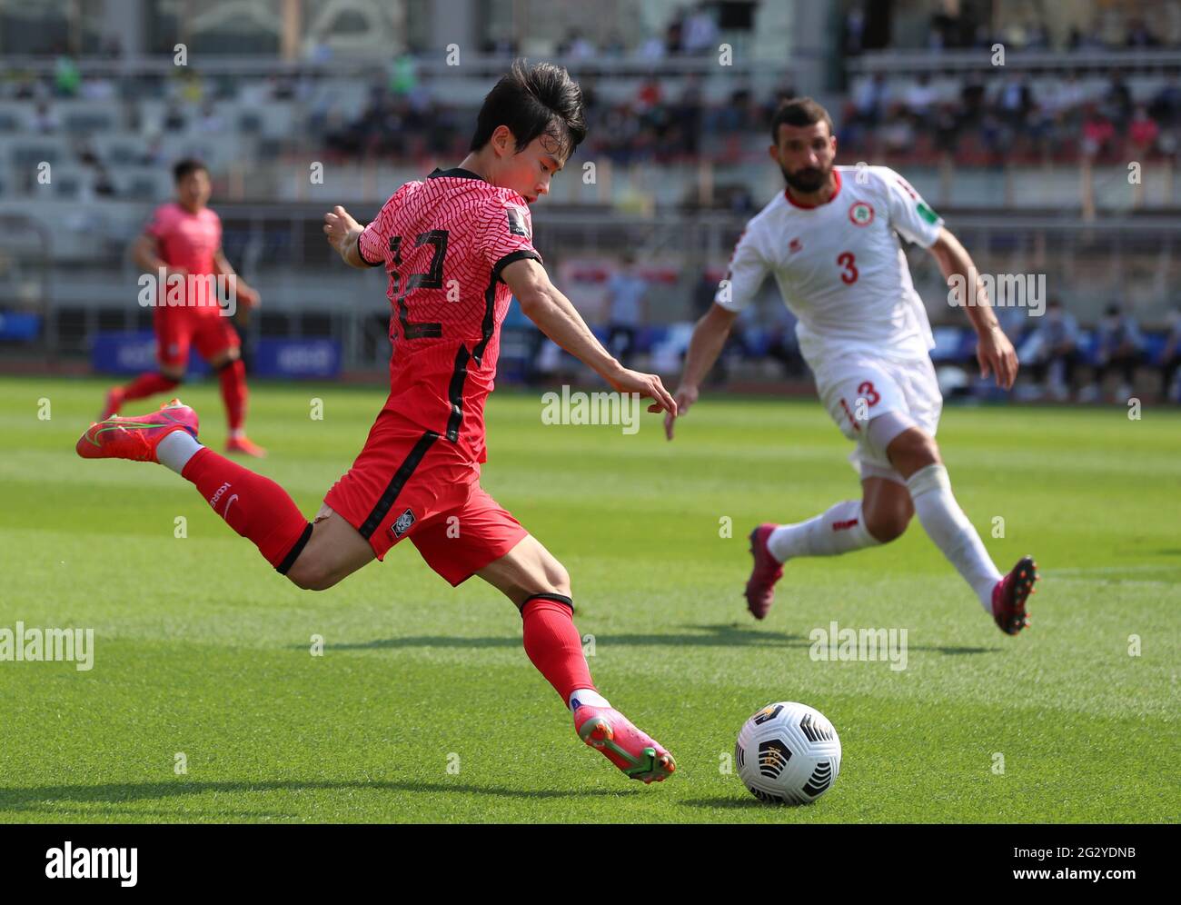 Goyang, South Korea. 13th June, 2021. Kim Moonhwan (L) of South Korea competes during a Group H match between South Korea and Lebanon at FIFA World Cup Qatar 2022 and AFC Asian Cup China 2023 Preliminary Joint Qualification Round 2 in Goyang, South Korea, June 13, 2021. Credit: Wang Jingqiang/Xinhua/Alamy Live News Stock Photo