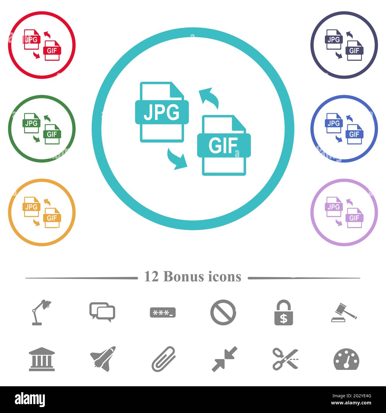 JPG GIF file conversion flat color icons in circle shape outlines. 12 ...