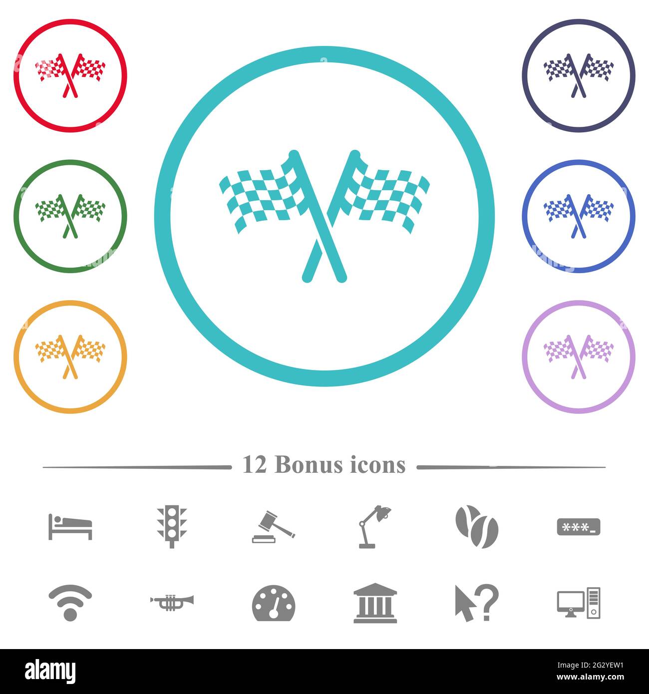 Two chequered flags flat color icons in circle shape outlines. 12 bonus ...