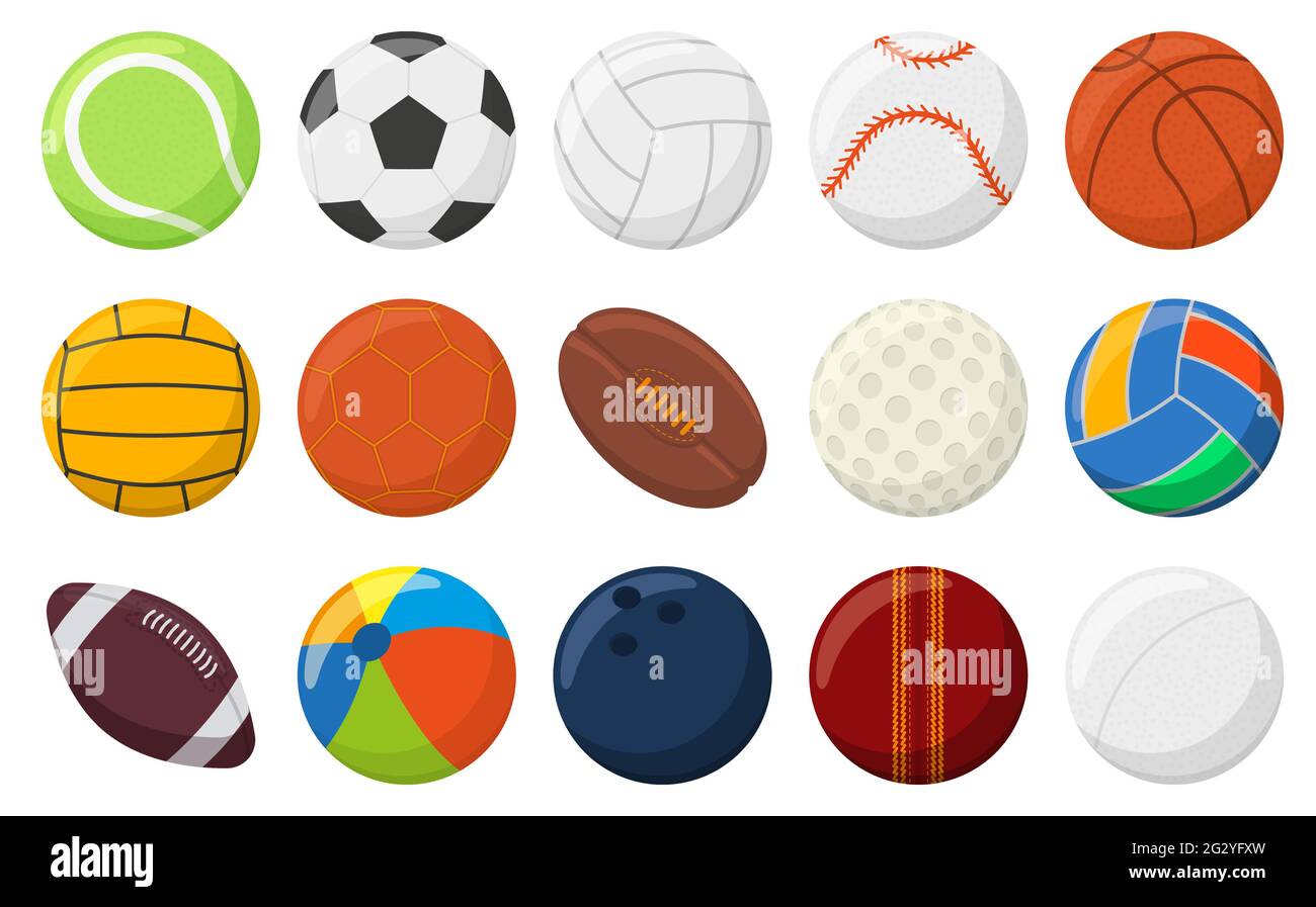 Sports balls. Soccer, baseball, tennis, bowling and basketball balls, sports games balls vector illustration set. Round sports equipment Stock Vector