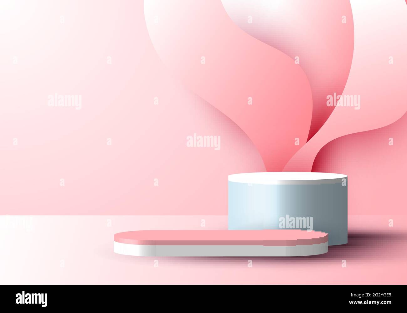 3D realistic pink display product minimal scene background liquid splash swirl paper cut on podium pedestal platform for cosmetic beauty. Vector illus Stock Vector