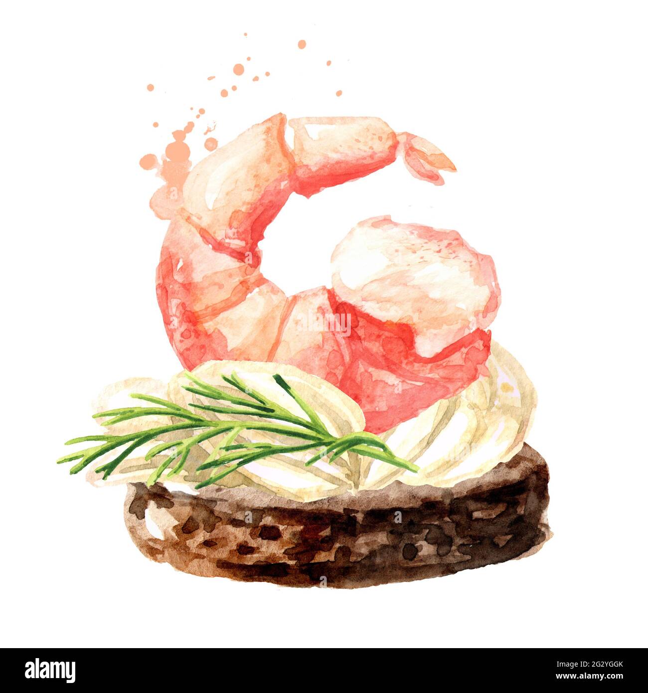 Appetizer for a festive table. Mini canape with cream and shrimp.  Watercolor hand drawn illustration isolated on white background Stock Photo  - Alamy