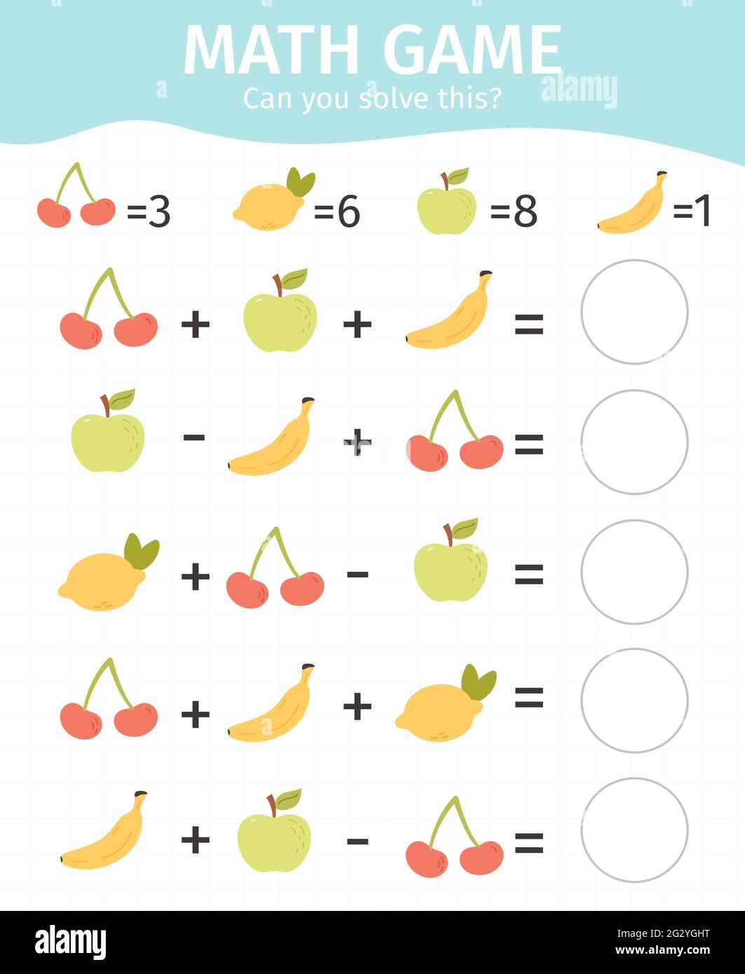 Mathematical kids game. Children educational addition and subtraction game, math counting equations worksheet vector illustration set. Counting math Stock Vector