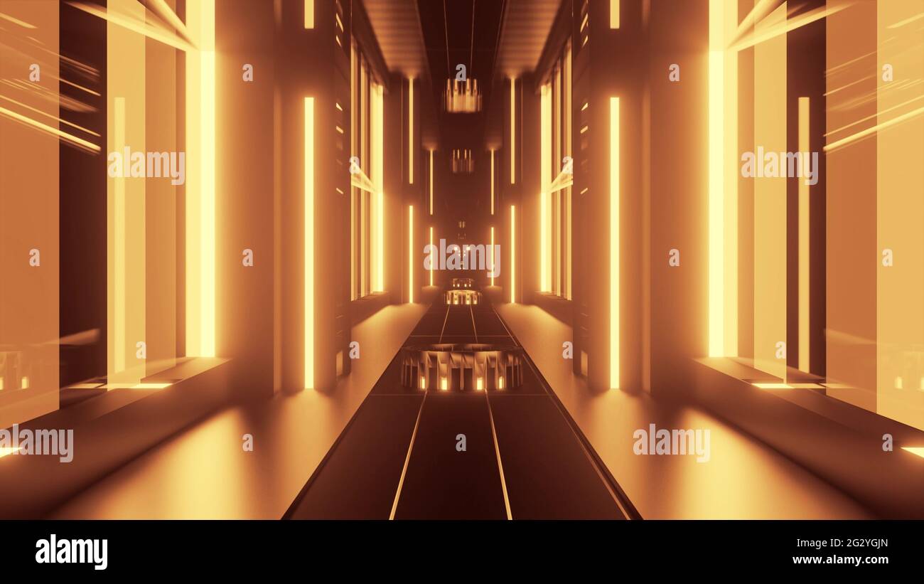 Perspective 3d illustration of geometric corridor formed by symmetric elements and yellow neon lights Stock Photo