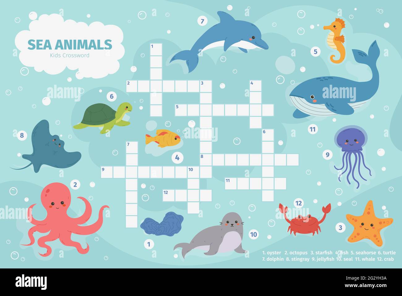 Sea animals crossword. Kids crossword puzzle game, underwater marine animals,  octopus, turtle and whale vector illustration. Ocean fauna children Stock  Vector Image & Art - Alamy