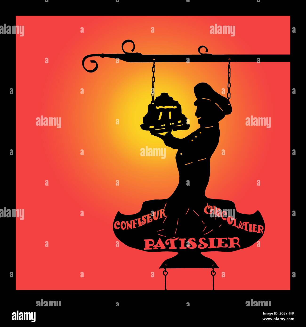Pastry shop sign depicting the silhouette of a pastry chef holding a cake with the words 'confectioner, chocolatier and pastry chef' (in french) Stock Photo