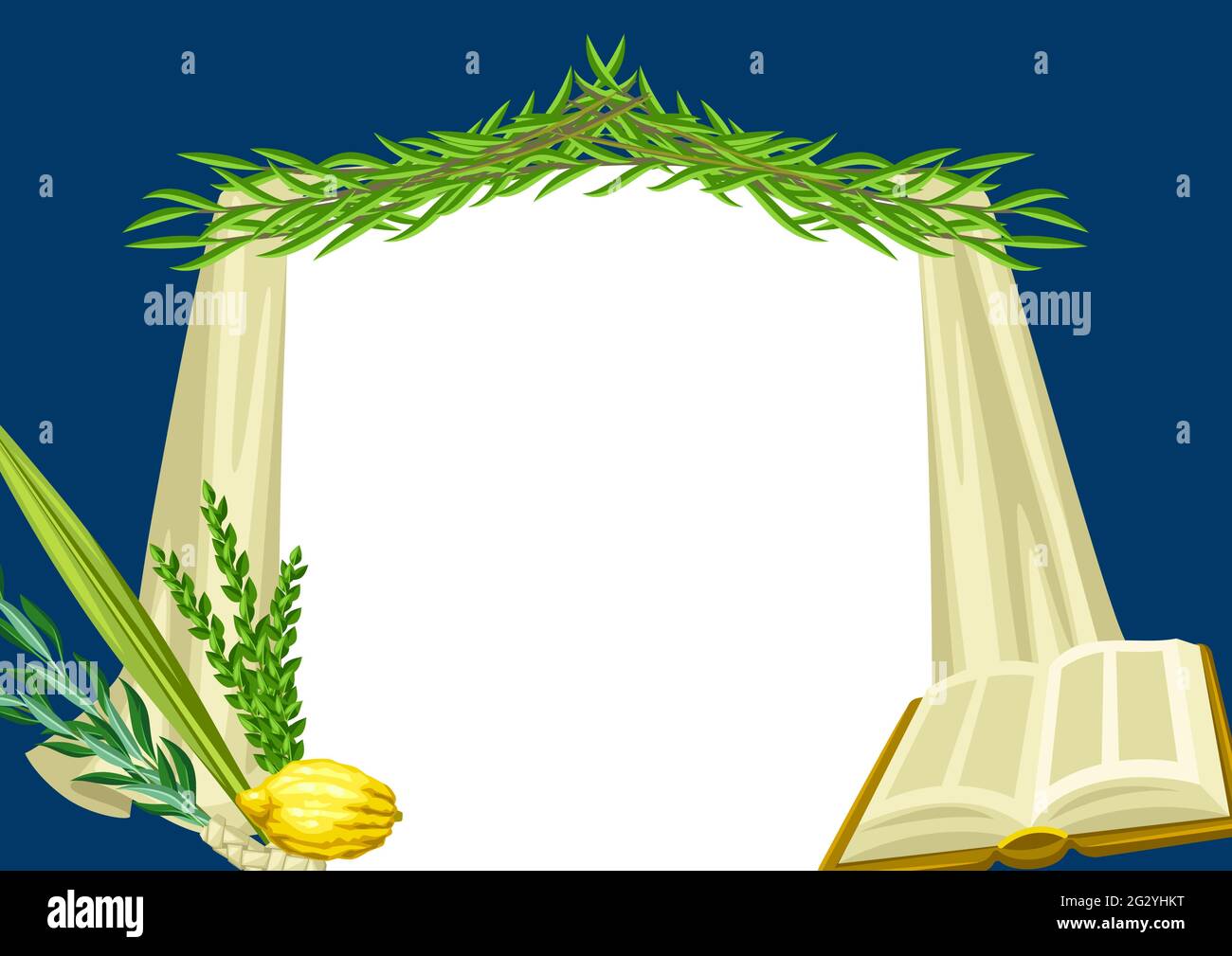 Happy Sukkot greeting card. Holiday background with Jewish festival traditional symbols. Stock Vector