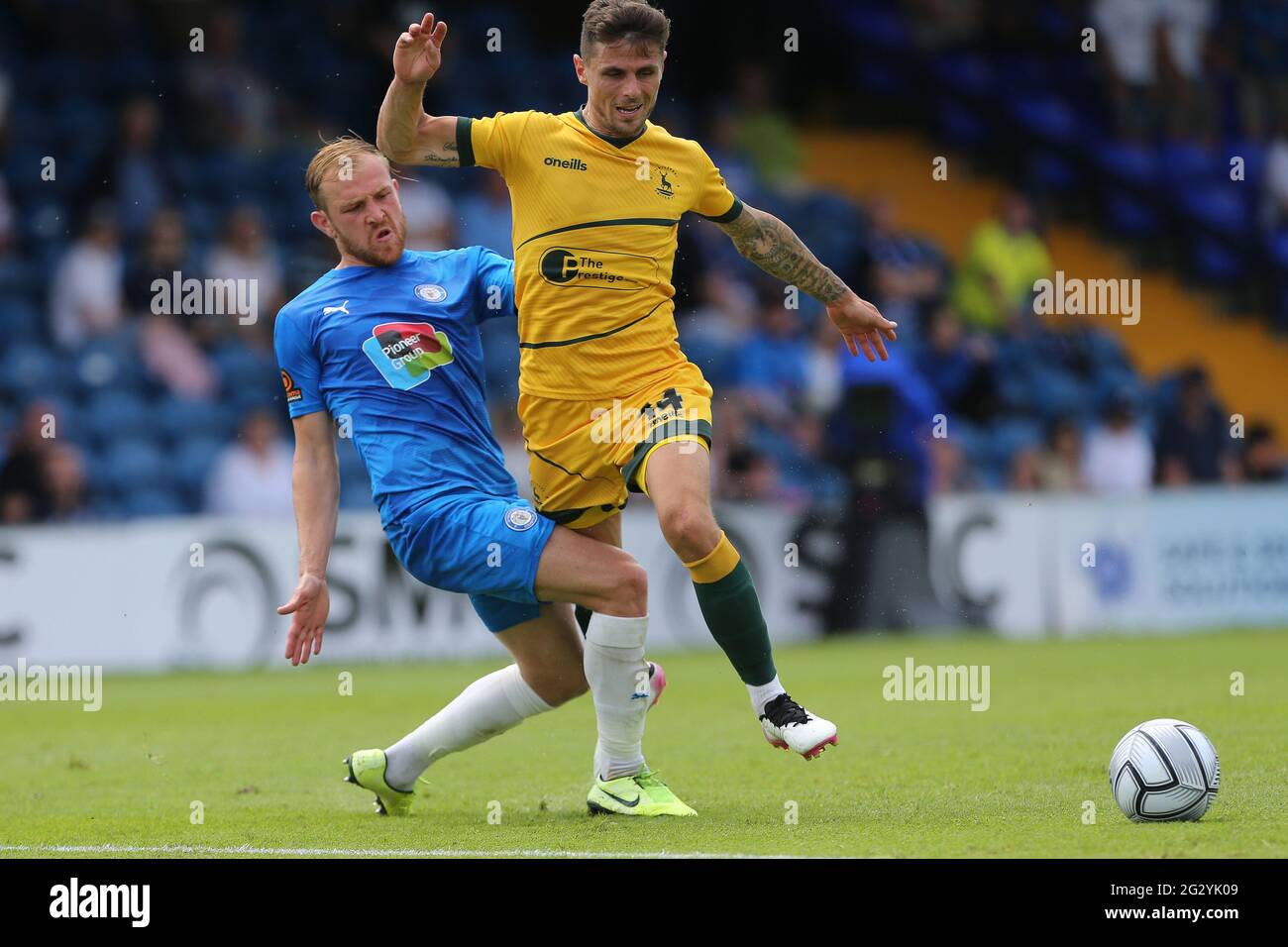 STOCKPORT, UK. JUNE 13TH Scott Andrews of Stockport County in action with Hartlepool United's Gavan Holohan during the Vanarama National League match between Stockport County and Hartlepool United at the Edgeley Park Stadium, Stockport on Sunday 13th June 2021. (Credit: Mark Fletcher | MI News) Credit: MI News & Sport /Alamy Live News Stock Photo
