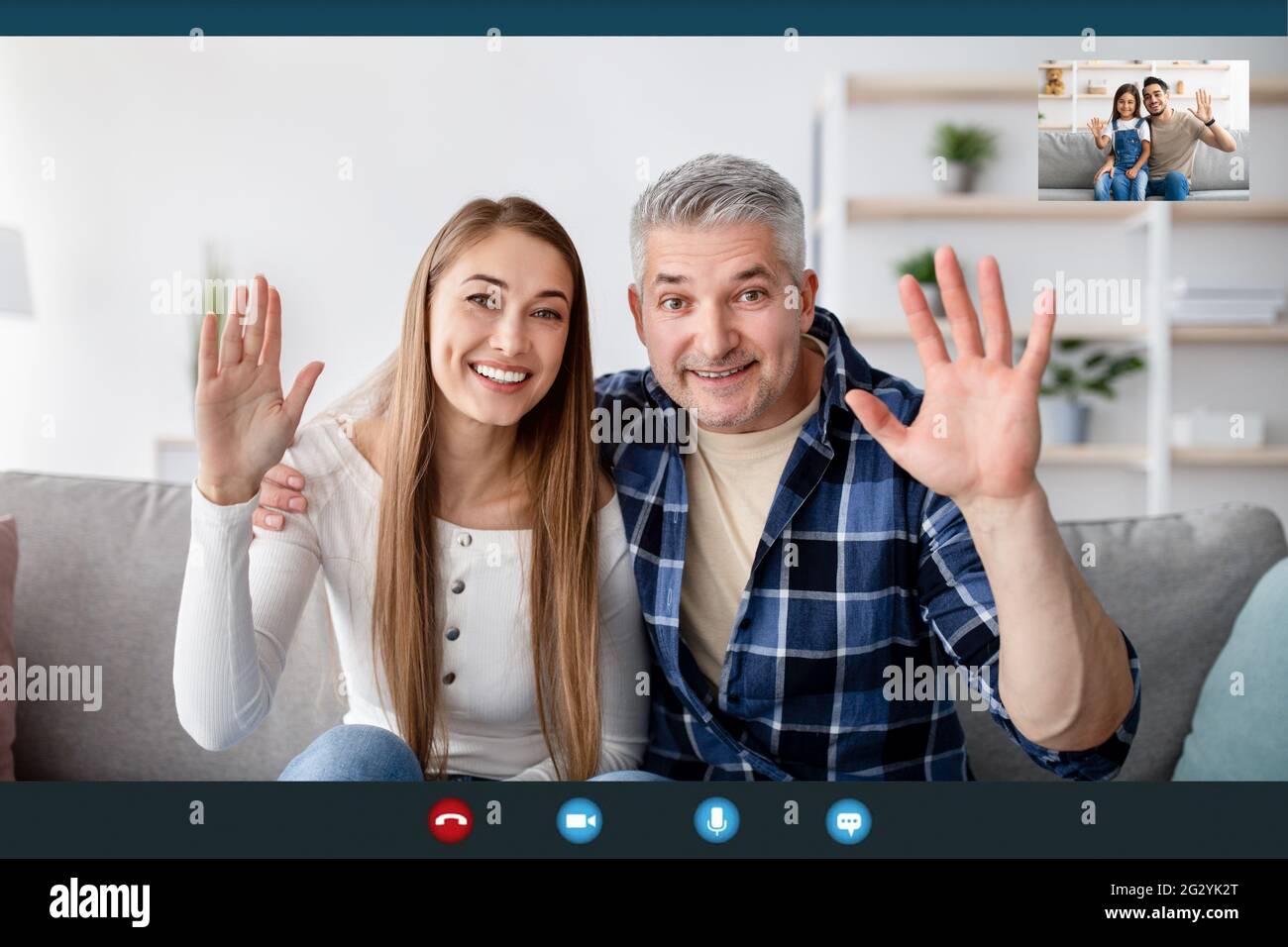 Cheerful mature couple having video chat with their son and granddaughter,  waving at webcam, view of screen Stock Photo - Alamy