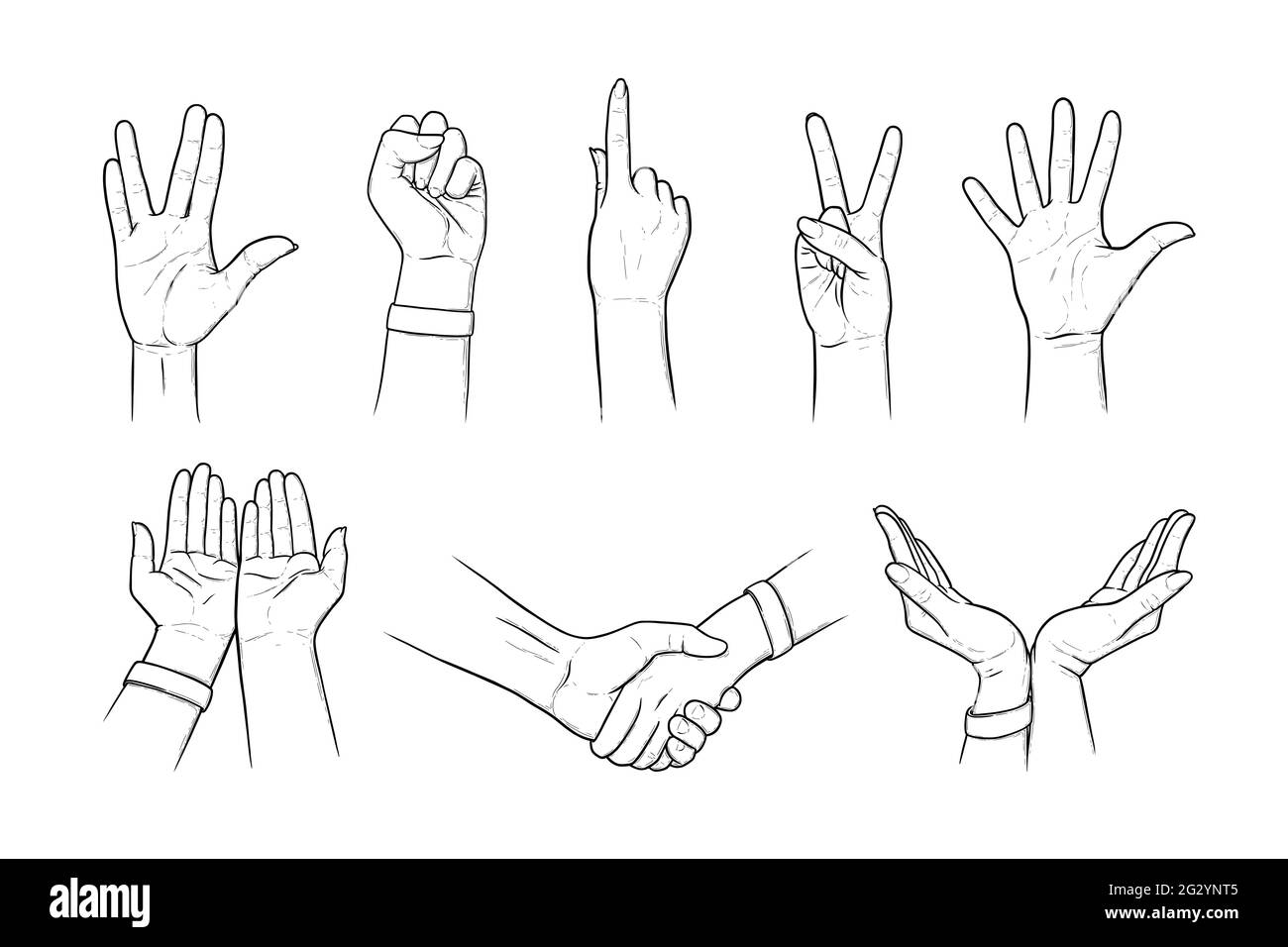 Hand gestures of peace, Vulcan greeting and salute. Handshakes, gestures asking for help and care in sketch style. Black vector illustration isolated Stock Vector