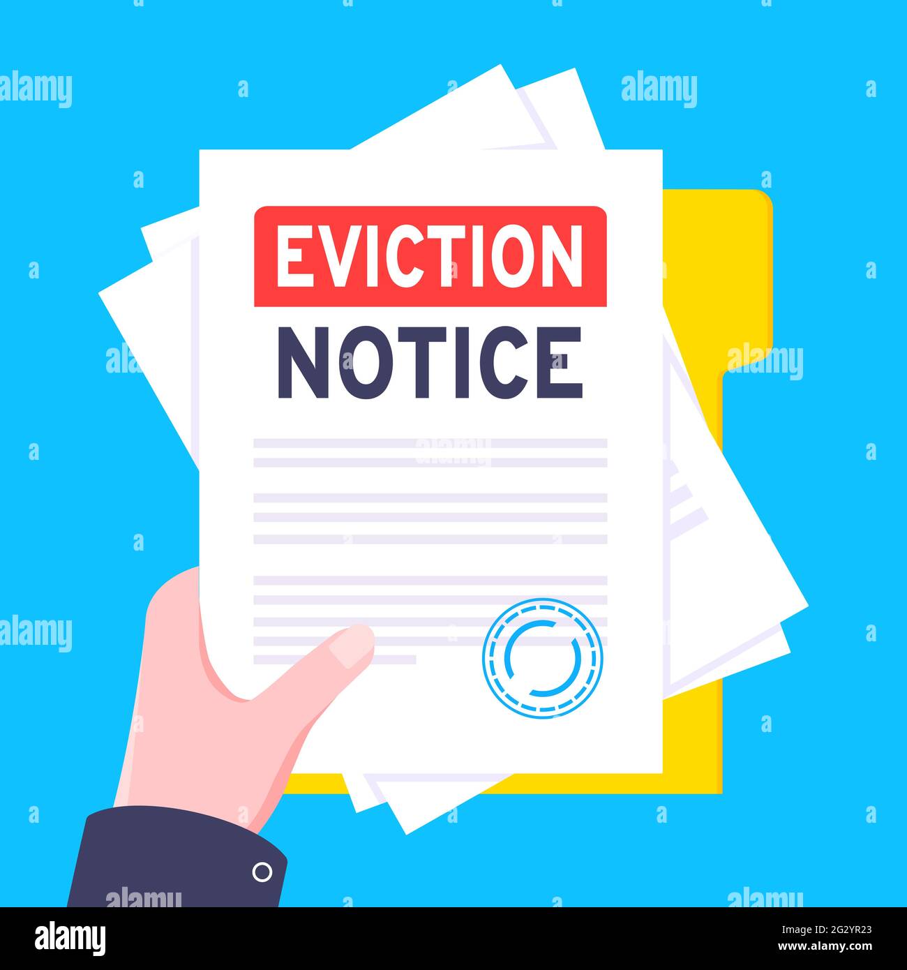 Hand holds eviction notice legal document with stamp, paper sheets and file vector illustration