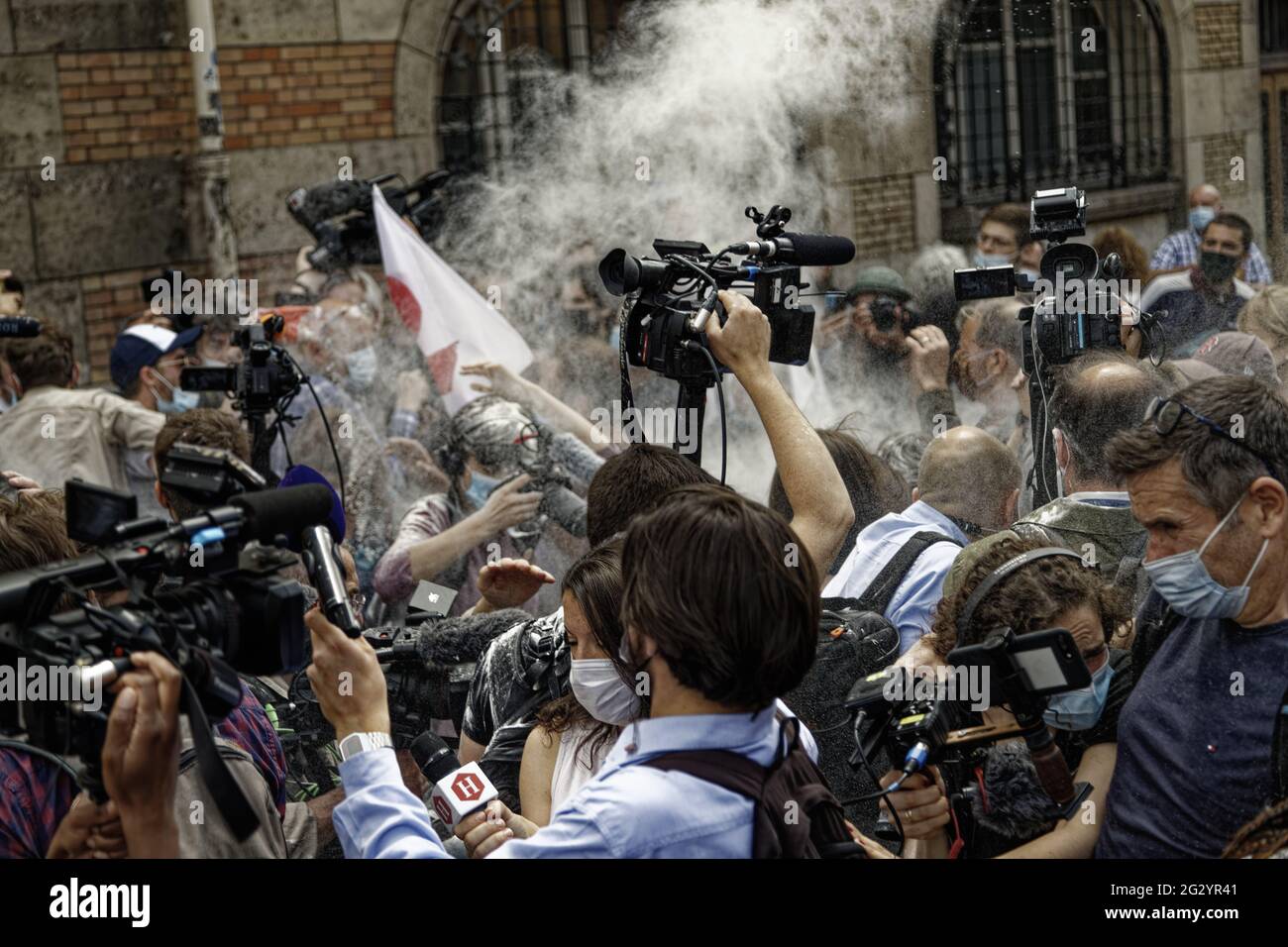 Paris, France. 6th June, 2021. Throwing flour by an activist on Jean-Luc  Mélenchon during the national march FOR OUR FREEDOMS Stock Photo - Alamy