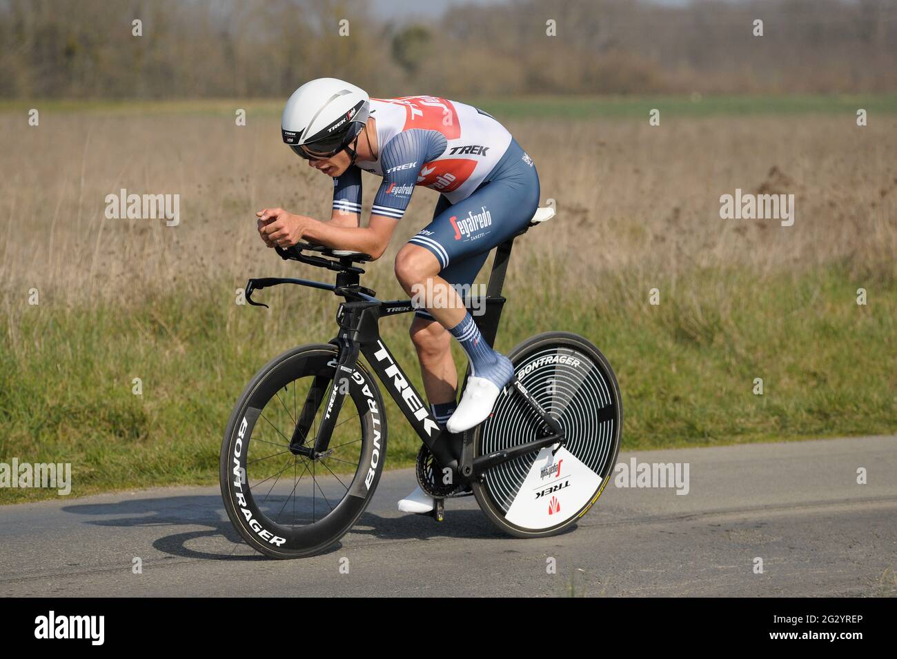 Luxembourg rider Alex Kirsch (Trek Segafredo team) seen in action during the individual time trial. He finished the 48th stage, 0'48' behind the winner. In the final overall classification he reached 104th place.The 79th Paris-Nice 2021 cycling race took place from March 07 to 14, 2021.  The third stage consisted of an individual time trial around the city of Gien of 14.4 km and was held on March 09, 2021.The winner of the stage is the Swiss Stefan Bissegger of the EF Nippo team.  The overall winner of the race is Maximilian Schachmann (Bora-Hansgrohe team). (Photo by Laurent Coust / SOPA Imag Stock Photo