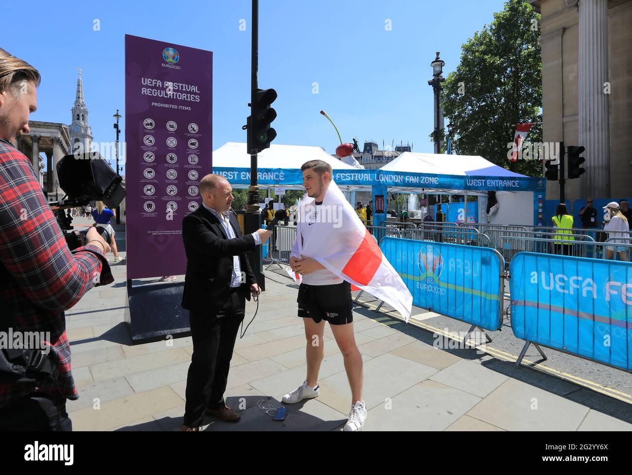 Exclusive key worker access - NHS staff, police and transport workers - to the Euros Fan Zone in Trafalgar Square, for the 1st England match, in London, UK Stock Photo