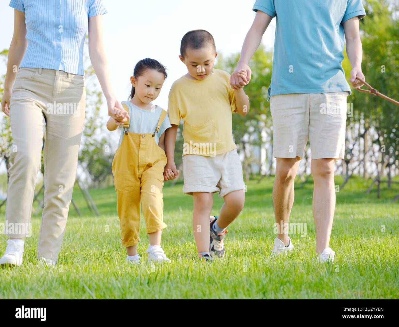 A happy family of four walking in the park high quality photo Stock ...