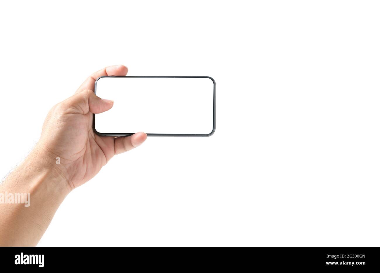 Man hand using smartphone with blank screen, isolated on white background Stock Photo