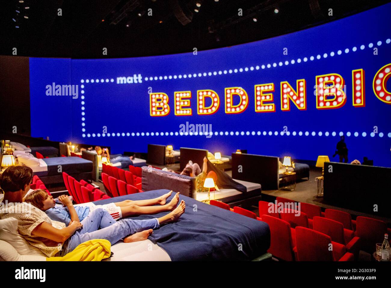 Opening of the first bed cinema, in Amsterdam, Netherlands, on June 12,  2021. The 4,200 m2 Theater Amsterdam has been converted into De  Beddenbioscoop. The 1,500 seats have been replaced by small