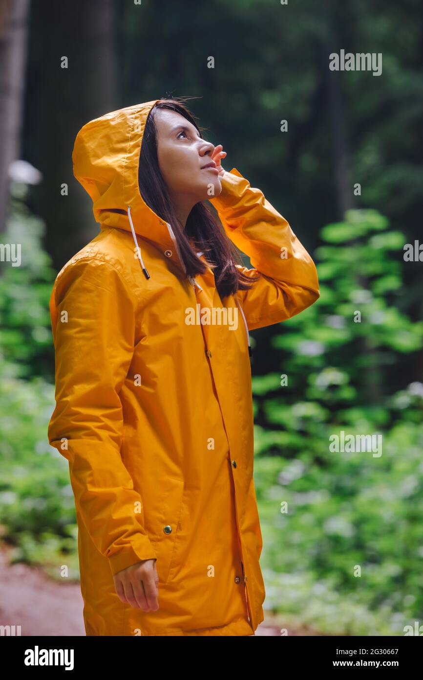 woman in yellow raincoat walking by rainy forest. rear view. copy space ...
