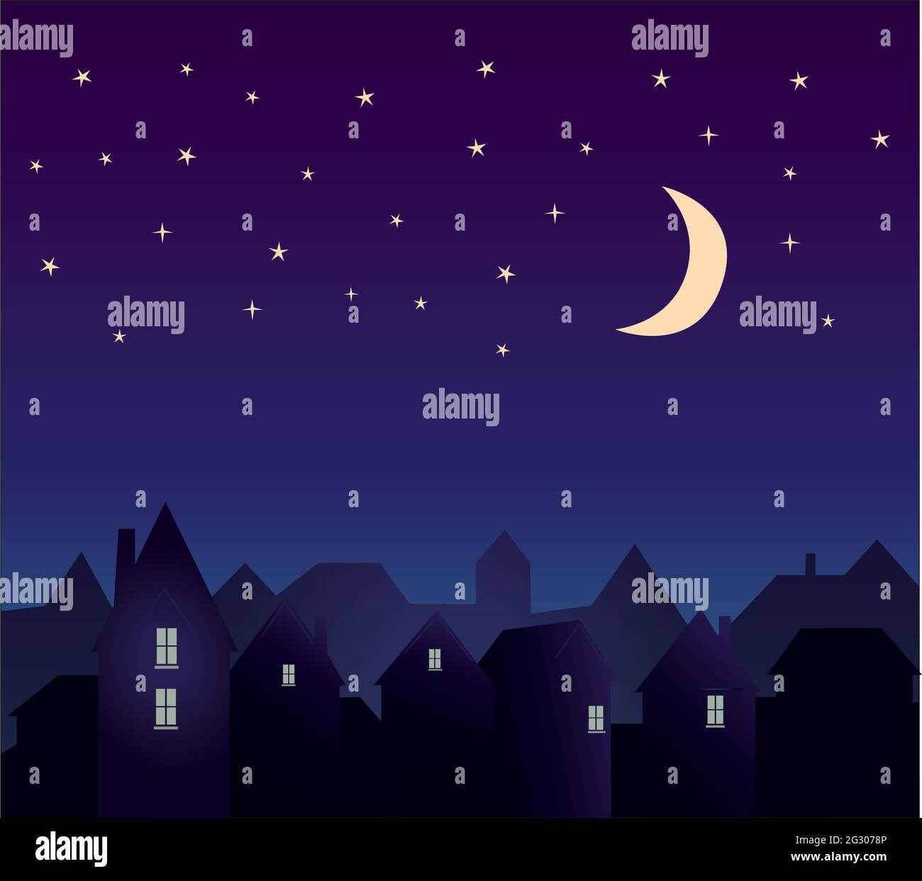 Silhouette of the city and night sky with stars and moon Stock Vector ...