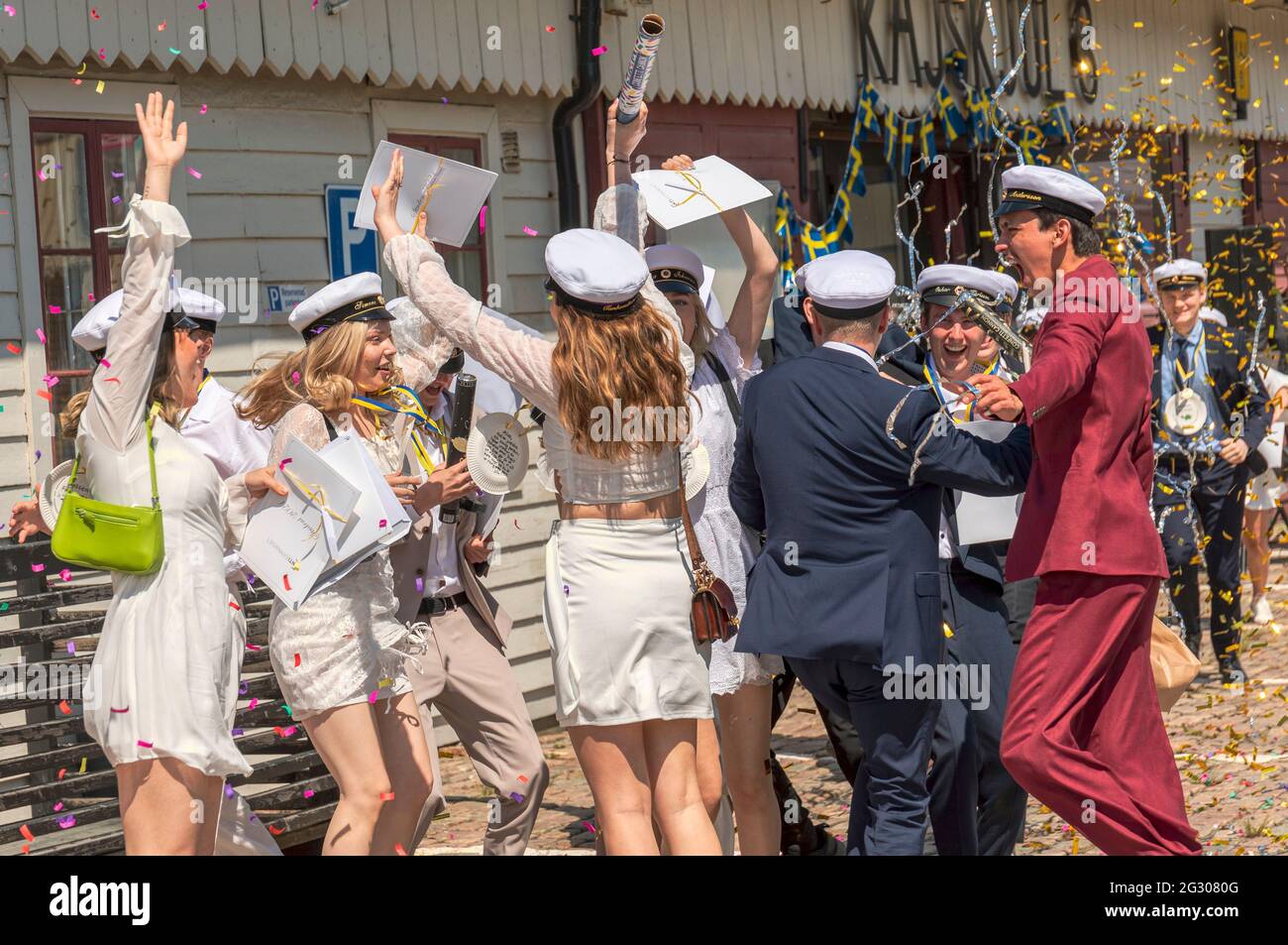 Gothenburg, Sweden. June 4 2021: Graduating students celebrating end of school Stock Photo