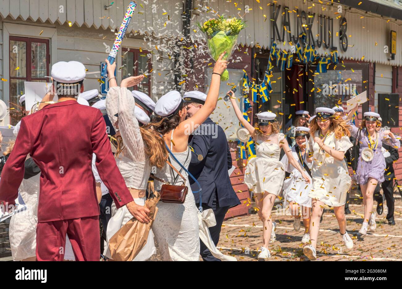 Gothenburg, Sweden. June 4 2021: Graduating students celebrating end of school Stock Photo