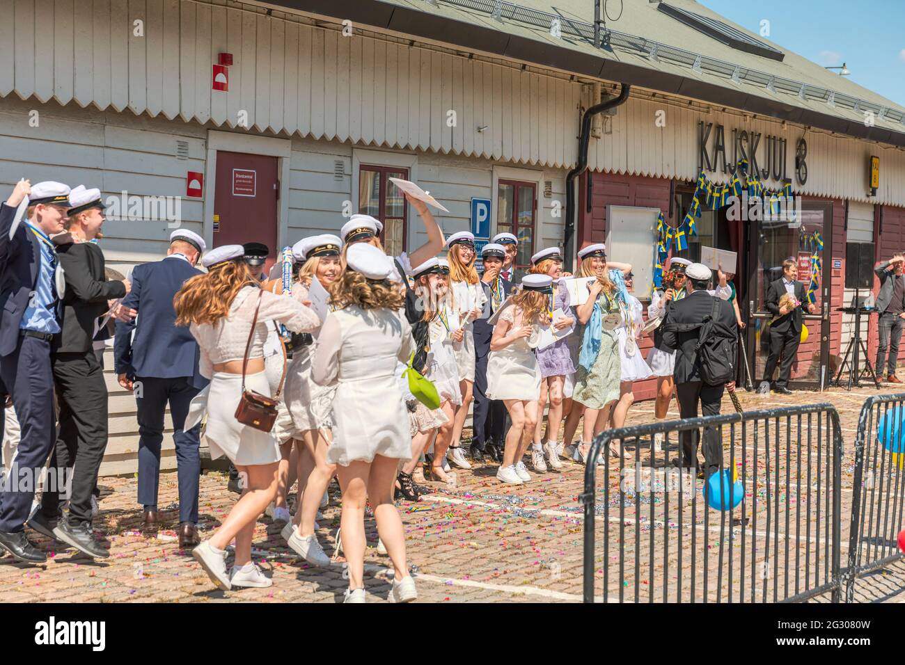 Gothenburg, Sweden. June 4 2021: Graduating students celebrating end of school Stock Photo