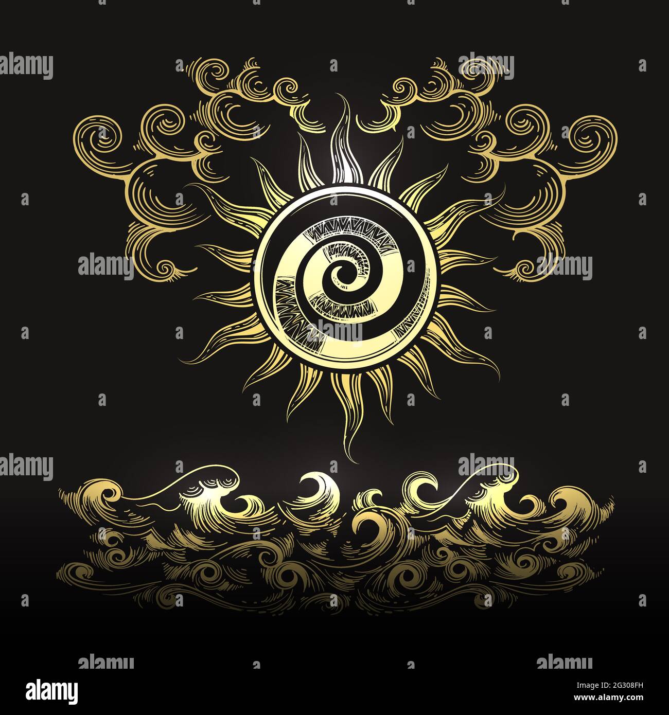 Esoteric Illustration of Sun clouds and Sea waves isolated on black background. Vector Illustration. Stock Vector