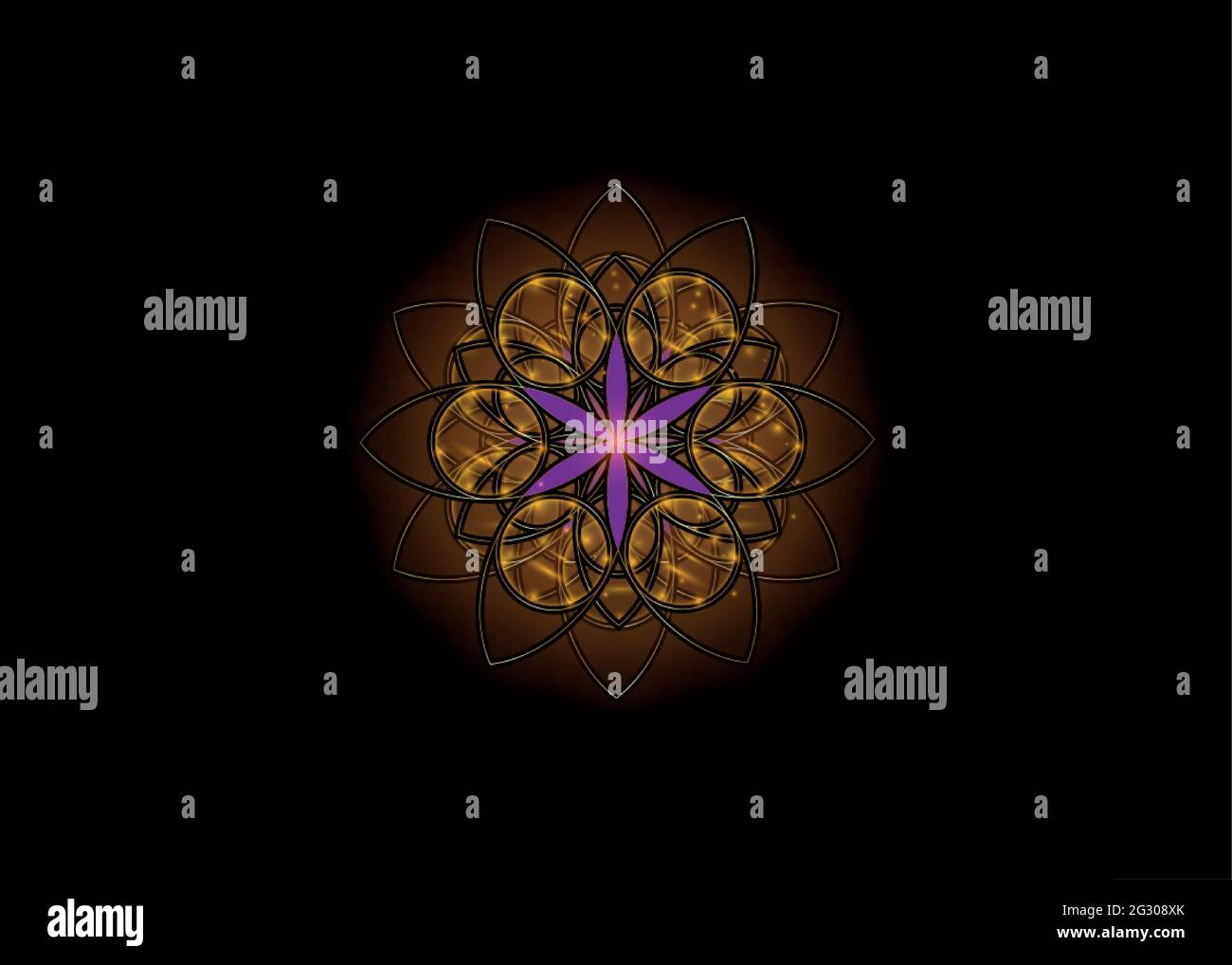 Flower of Life symbol Sacred Geometry. Gold luxury Logo icon round geometric mystic purple lotus mandala alchemy esoteric Seed of life. Vector divine Stock Vector