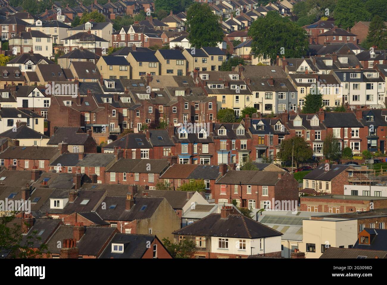 A hillside covered in houses in an area known as Greystones in the city of Sheffield, England, UK. Stock Photo