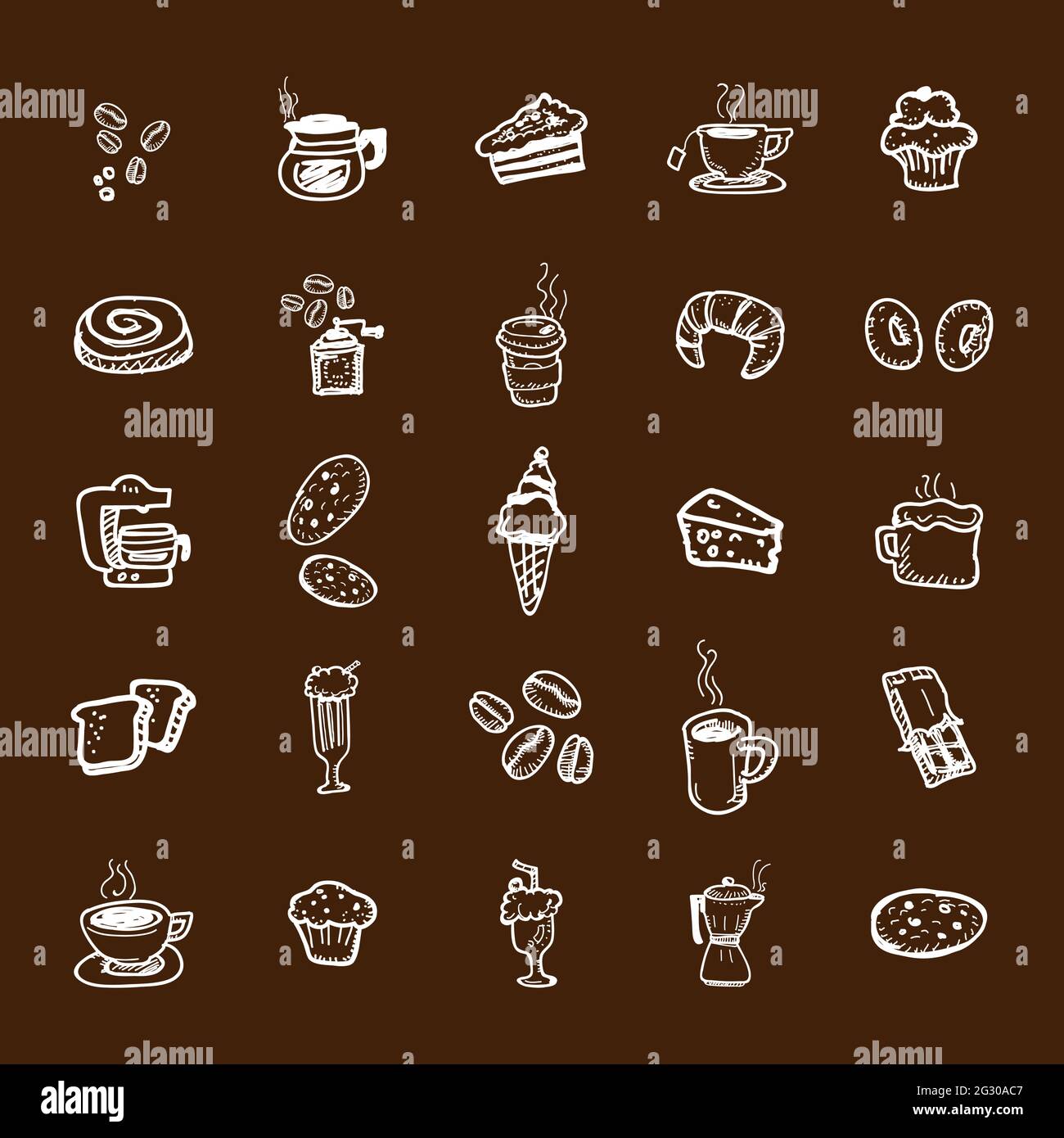 Cafeteria coffee mocha cream bakery white line icon set on chocolate