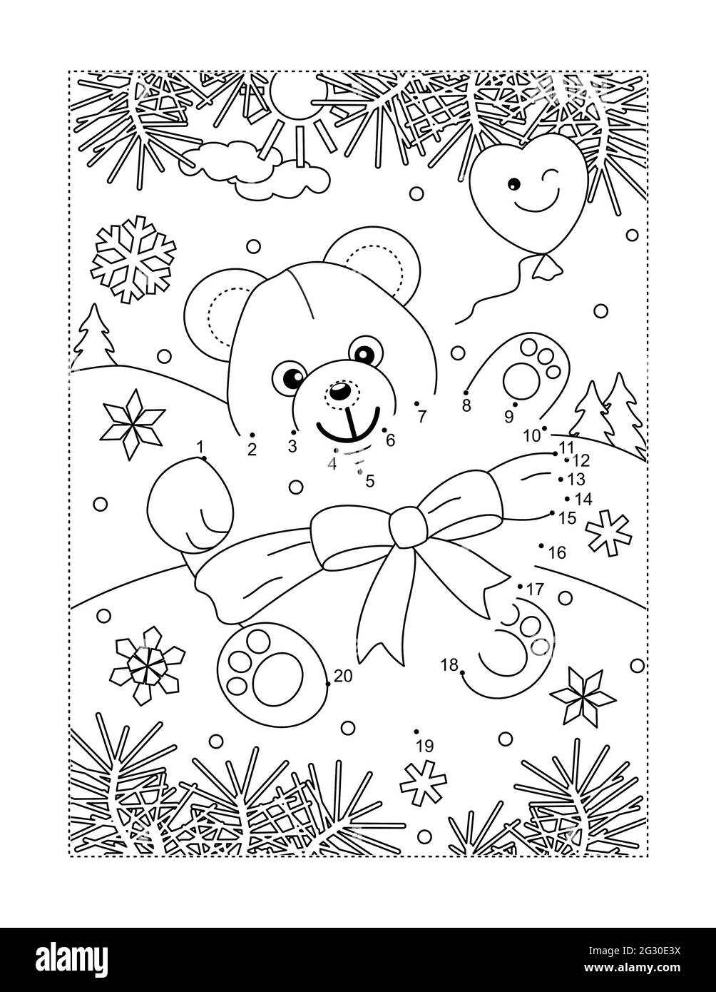 Valentine's Day teddy bear with big heart connect the dots puzzle and coloring page Stock Photo