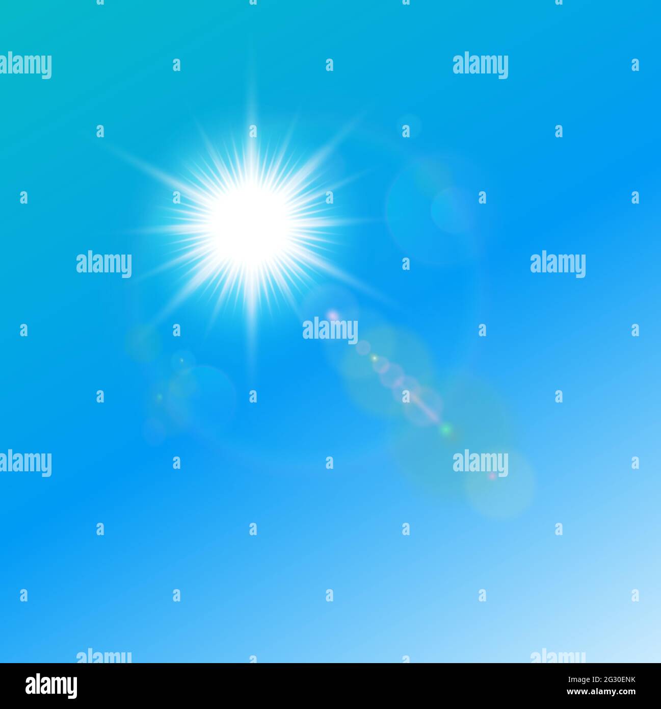 Sun in the blue sky with lens flare Stock Vector