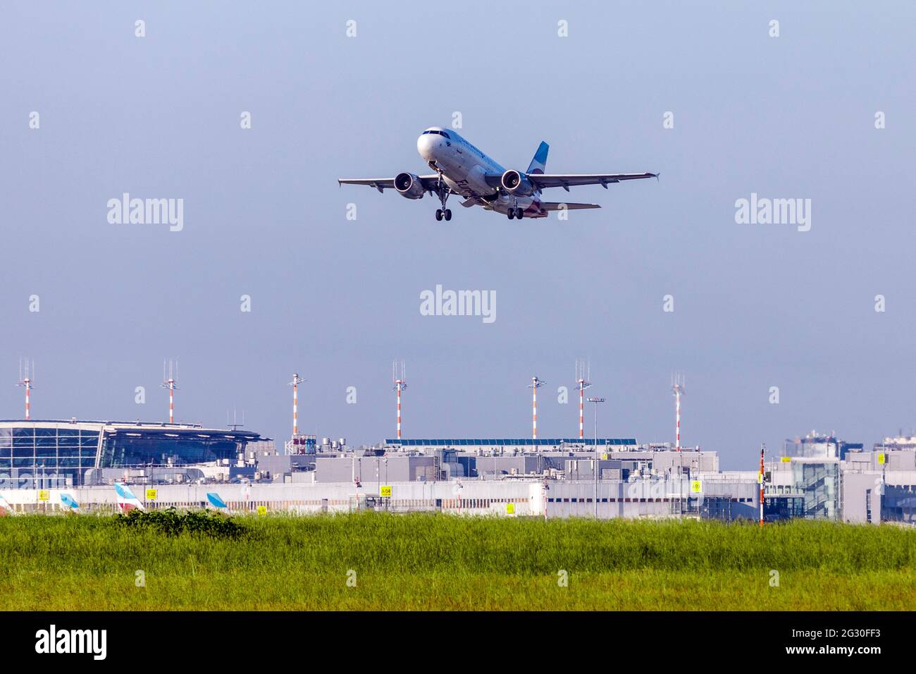 Taking off plane, Airport International Dusseldorf Stock Photo