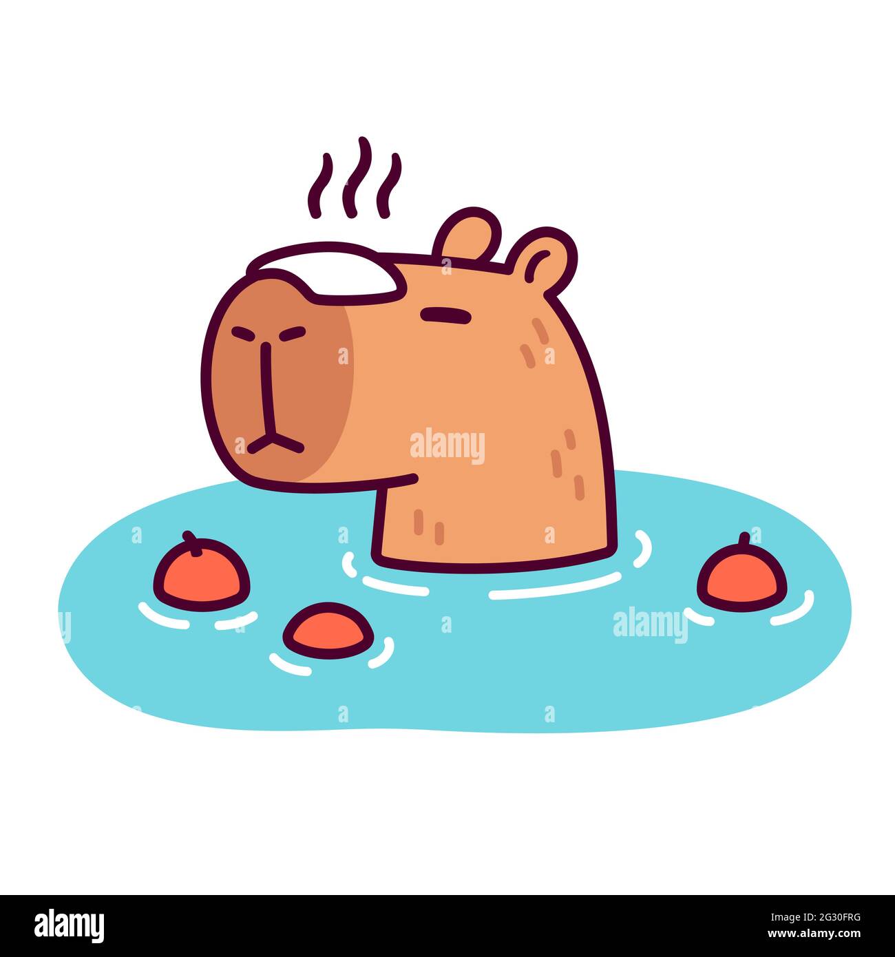 Cute cartoon capybara in Japanese Onsen hot spring with steaming towel on head. Kawaii drawing, funny vector illustration. Stock Vector