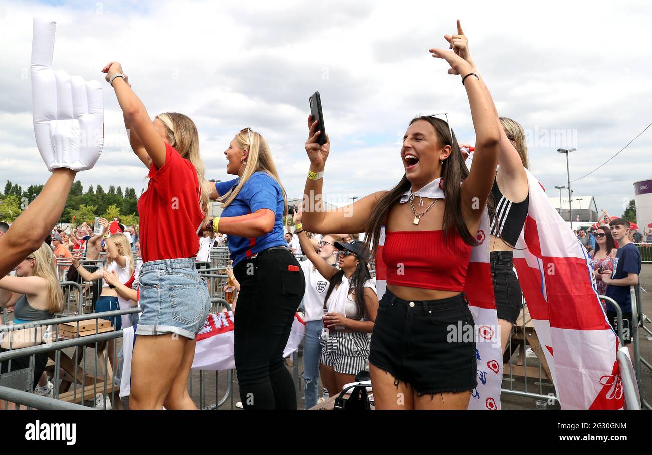 England fans celebrate their win at the fan zone in Trafford Park, Manchester after watching the UEFA Euro 2020 Group D match between England and Croatia held at Wembley Stadium. Picture date: Sunday June 13, 2021. Stock Photo